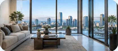 Light-filled living room overlooking the city