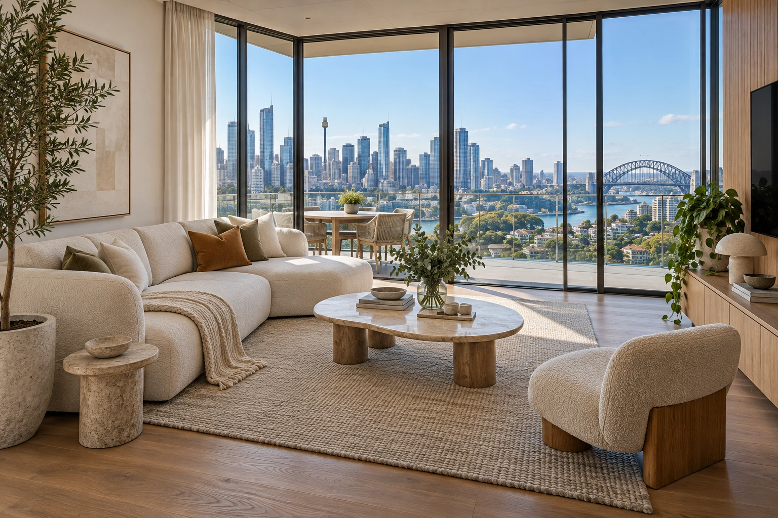 Apartment living room with floor-to-ceiling city views