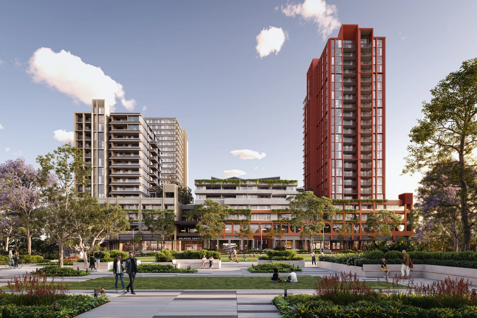 Apartment towers beside landscaped communal gardens in Melrose Park, Sydney