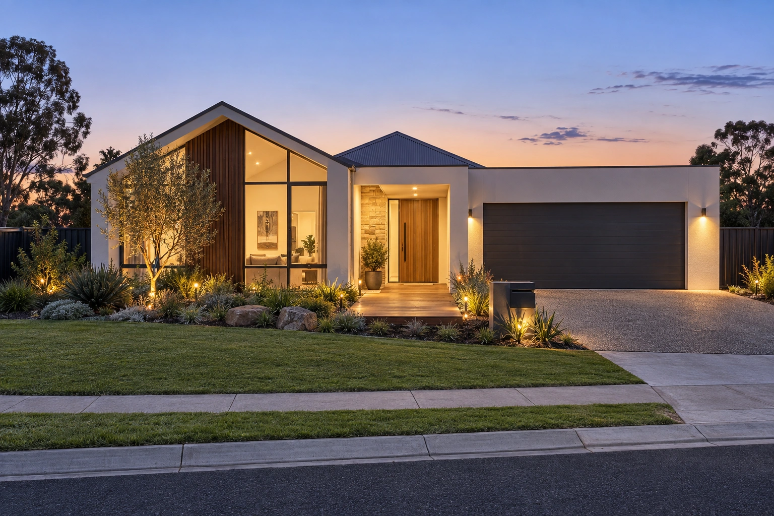 Single-storey house with an illuminated entrance and landscaped garden